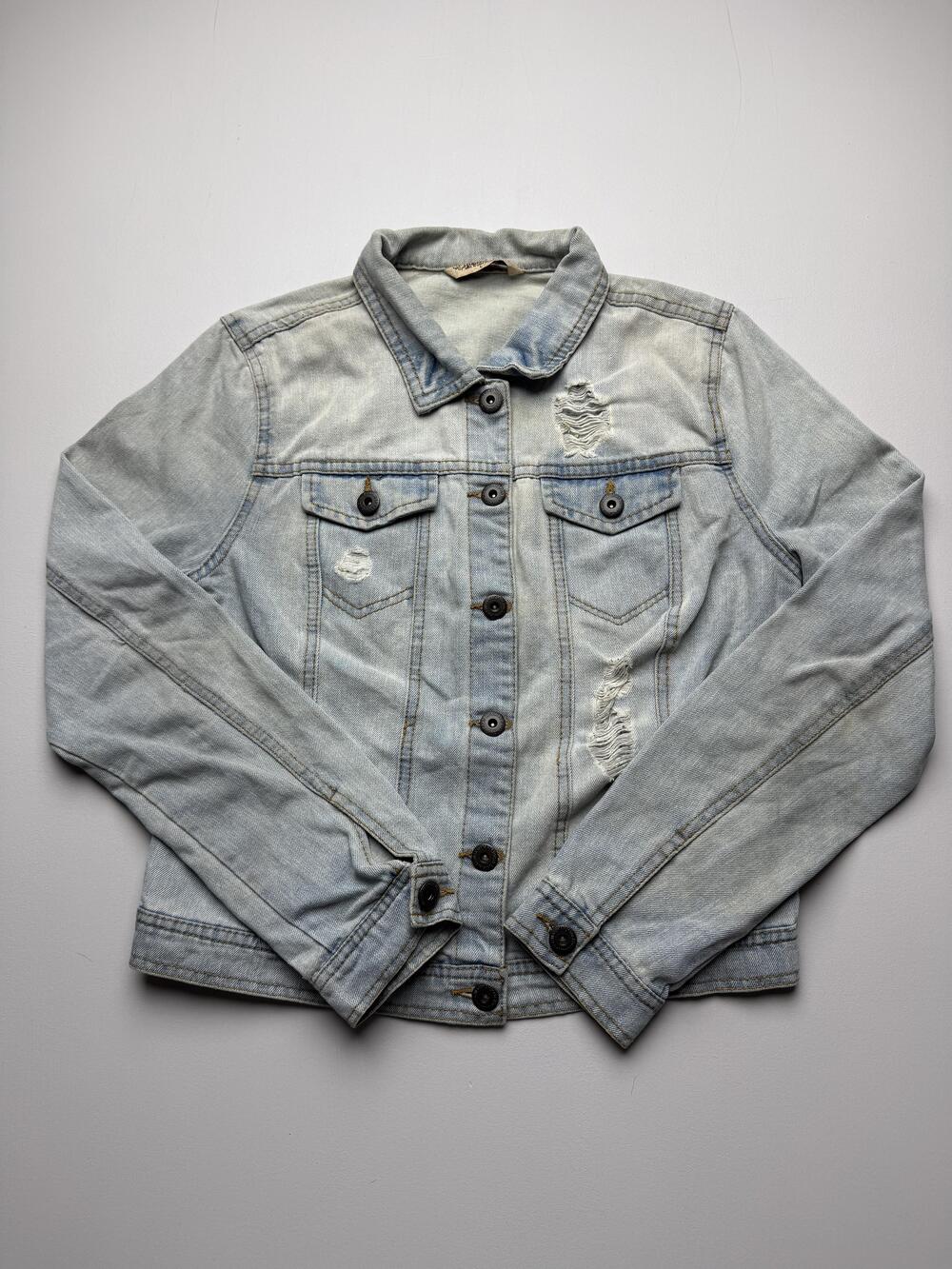 Highway Jeans Denim Jacket Youth Large L Blue Wash Distressed Button Front